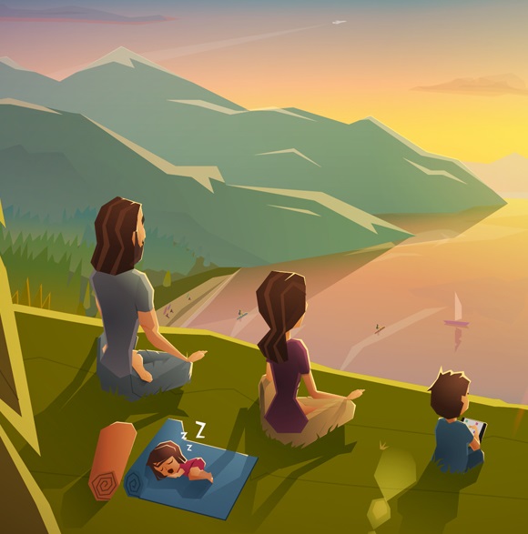 Mutter mit Kindern und Hund meditiert an einem See im Sonnenuntergang