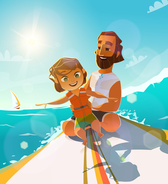 Vater surft mit Sohn auf einem Surfbrett in einem Erklärvideo mit Spass und Freude